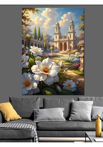 Ahşap Tablo Tarihi Katedral Ve Beyaz Çiçekler