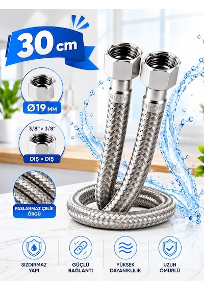 30cm Paslanmaz Çelik Örgülü Flex Hortum 3/8'x3/8' - Klozet Ve Taharet Musluğu İçin Dayanıklı Bağlantı Hortumu