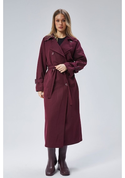 Kadın Oversize Kuşaklı Trençkot Bordo