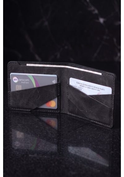 Luvo Hakiki Deri El Yapımı 4 Kart Bölmeli Unisex Minimalist Cüzdan Kartlık İnce Kompakt Kağıt Para Ve Kart Bölmeli Cüzdan Siyah