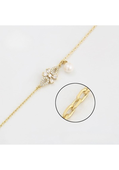 Zirkon Taşlı İnci Sallantılı 14 Ayar Altın Kaplama Kadın Bileklik Gold