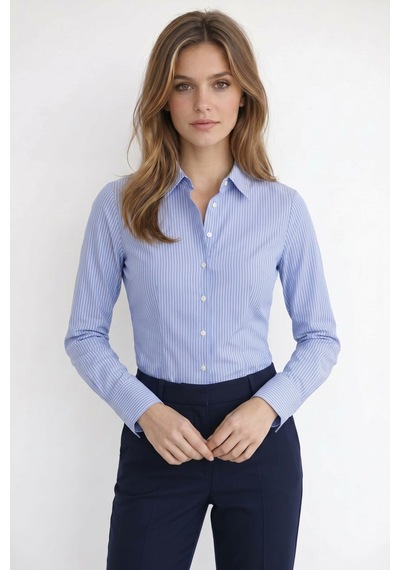 Tudors Kadın Slim Fit Dar Kesim Pamuklu Uzun Kollu Çizgili Mavi Kadın Gömlek-51527