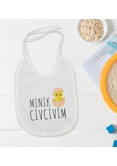 BK Kids Minik Civcivim Tasarımlı Beyaz Bebek Mama Önlüğü-1 Beyaz