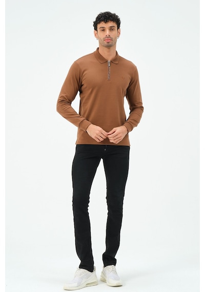 Fermuarlı Uzun Kollu Regular Fit Erkek Polo Yaka T-shirt Kahverengi Fermuarlı Uzun Kollu Regular Fit Erkek Polo Yaka T-shirt Kahverengi