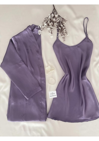 Mh Moony Homewears 2'li Saten Sade Lila Lüks Gecelik Sabahlık Seti Lila