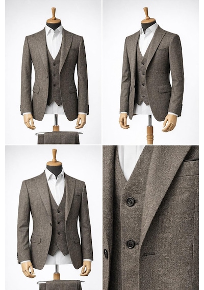 Erkek İtalyan Kesim Slim Fit Yelekli Takım Elbise Kahverengi