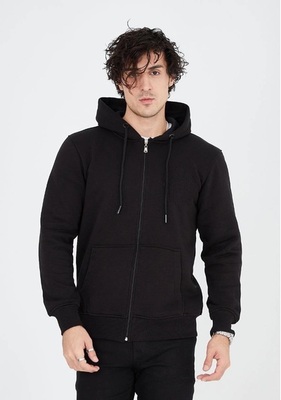 Barlashive Erkek 3 İplik Pamuklu Kapüşonlu Tam Fermuarlı Cepli Hoodie Sweatshirt - Siyah Çok Renkli