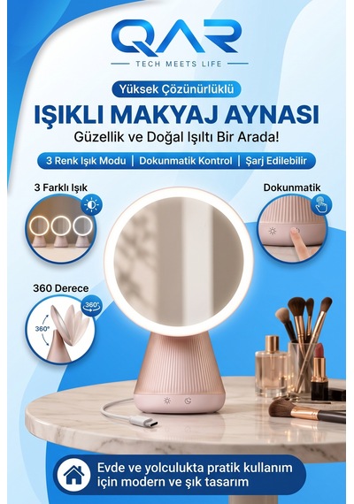 Şarjlı Yuvarlak Led Makyaj Aynası Dokunmatik 3 Renk Işıklı 360 Ayarlanabilir Masa Aynası Çok Renkli
