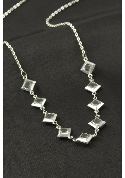 Kare Kristal Taşlı Kolye 001 - Beyaz