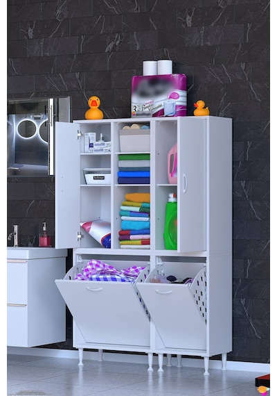 Pınar 105 Cm Raflı Dolap Beyaz Kirli Sepetli Dolap 65+40 X160x32,5 Cm
