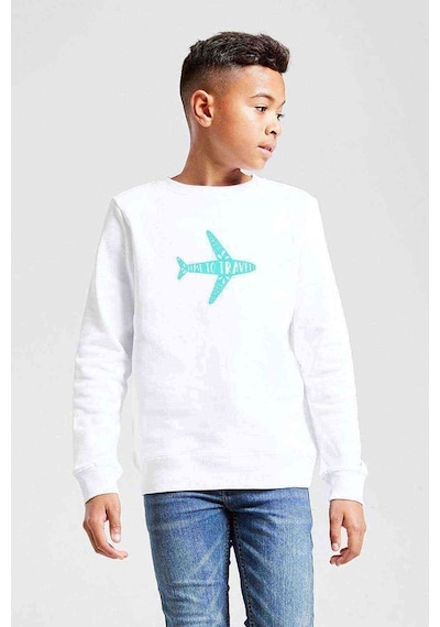 Tshirthane Silhouette Time To Travel Baskılı Unisex Çocuk Beyaz Sweatshirt Beyaz