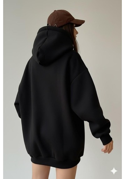 Afri Kadın Oversize Siyah Sweatshirt 3 İplik Şardonlu Kapüşonlu Cepli Rahat Kalıp Siyah