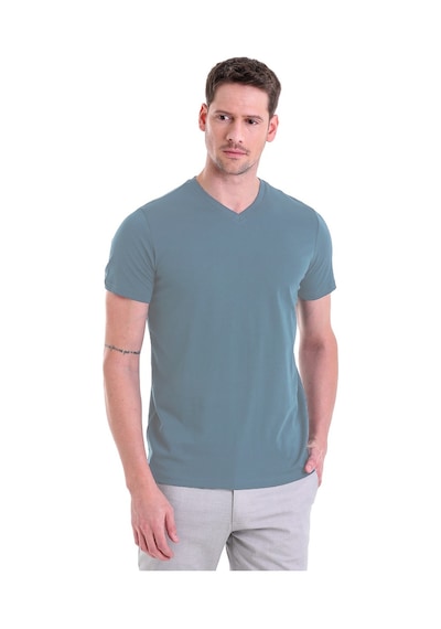 Hatemoğlu Indigo Düz Slim Fit 100% Pamuk V Yaka Tişört İndigo