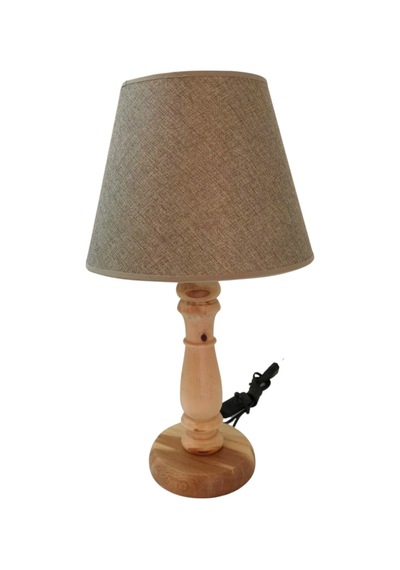 Vizon Kumaş Başlık Doğal Ahşap Ayaklı Modern Abajur 45x25 Cm