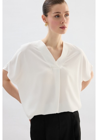 Sateen Geniş Kısa Kollu Bluz - Ekru-136761 Ekru