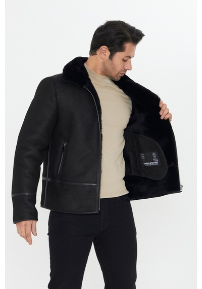 M M Marki Marki Hakiki Nubuk Deri Erkek Mont - 73 Cm, İçi Kürklü, Klasik Model, Siyah - 502122