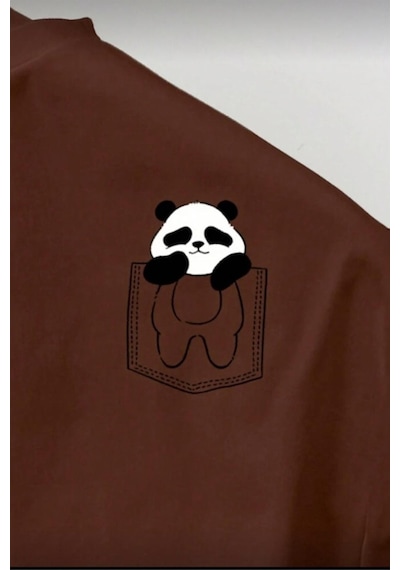 Cepte Panda Baskılı Oversize Unisex Pamuklu Tişört Battal Büyük Beden Tshirt Kahve