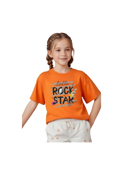 Panios Kids Little Rock Baskılı Kız Çocuk Kısa Kollu T-shirt Turuncu