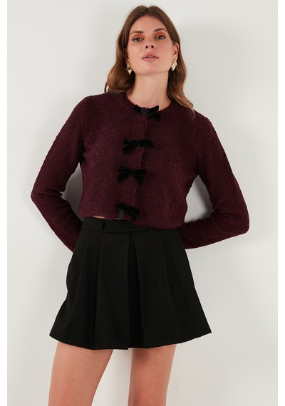 Lela Regular Fit Bisiklet Yaka Kurdele Detaylı Premium Bayan Hırka 680Hi00105 Bordo