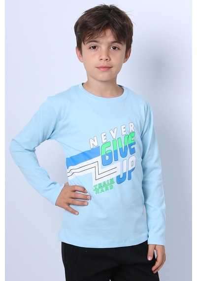 Hçm Erkek Çocuk Uzun Kollu Tshirt Never Give Up Baskılı Bisiklet Yaka D10 Turkuaz