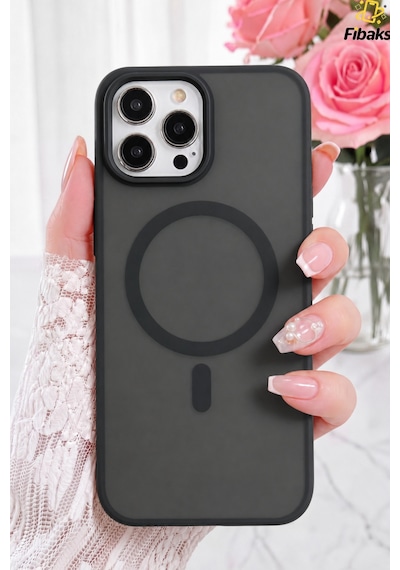 Fibaks iPhone 14 Pro Max Uyumlu Kılıf Kamera Çıkıntılı Magsafe Şarj Destekli Yumuşak Kenarlı Mat Kapak Siyah