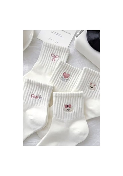 Hitit Socks Kadın 5 Çift Premium Desenli Sevimli Hayvan Ve Fiyonklu Kısa Konç Patik Çorap beyaz