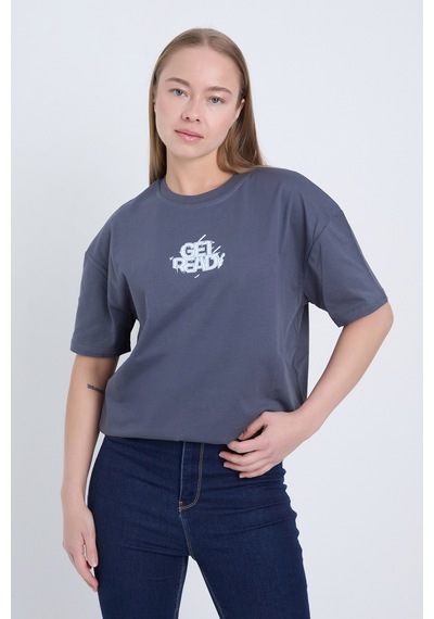 Velvoria Unisex Oversize Relaxed Get Ready Baskılı Antrasit Renk T-shirt