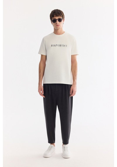 Avva Erkek Ekru Bisiklet Yaka Baskılı Bi-stretch İnterlok Regular Fit T-shirt A61y1061