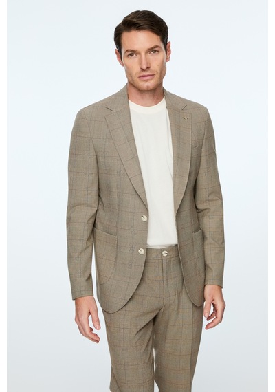 Morven Erkek Kahve Poliviskon Trend Ekoseli Slim Fit Mono Yaka Ceket 26ms002015400 Kahve