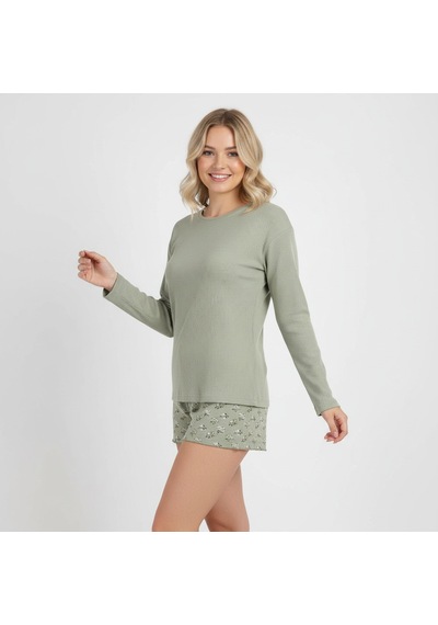 Bonbon Kadın Jakarlı Uzun Kollu Açık Yeşil Renk 2'li Pijama Takımı Bb2315 Yeşil