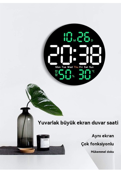 Dijital Duvar Saati Termometre Sessiz Renkli Siyah - Yeşil