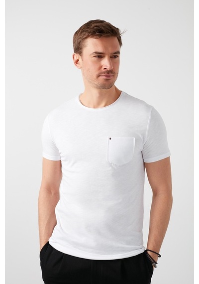 Buratti % 100 Pamuklu Slim Fit Bisiklet Yaka Cepli Erkek T Shirt 5902000 Beyaz