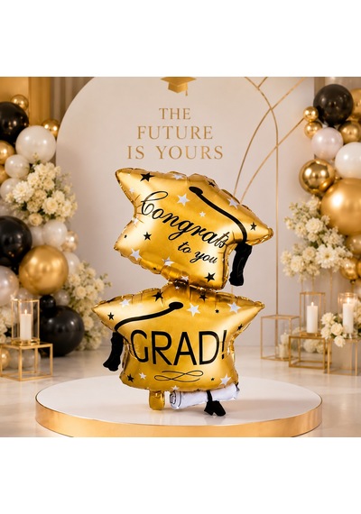 Folyo Balon Mezuniyet Partisi Gold Altın Çift Katlı Grad Yazılı Kepli Parti Süsü Dekoru 13+