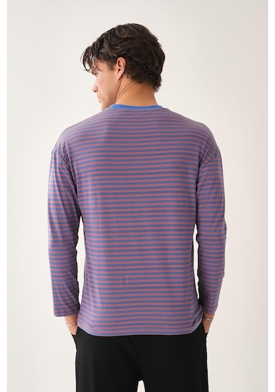 Cep Detaylı Çizgili T-shirt Mavi