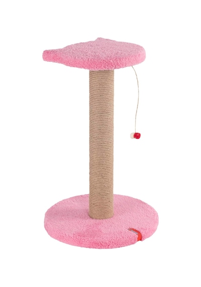 Stepli Kedi Yüzlü Platform Tırmalama Tahtası, Gri Peluş Kaplı, Sisal İpli, Oyuncaklı Pembe