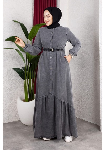 Hb Harma Time Butik Kadın Düğmeli Kuşaklı Koyu Gri Kot Elbise Koyu Gri Koyu Gri