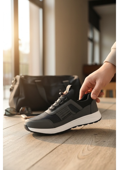 Enoch Erkek Siyah Akıllı Bağcıklı Yürüyüş Ayakkabısı - Bağcık Bağlamasız Pratik Sneaker Gri