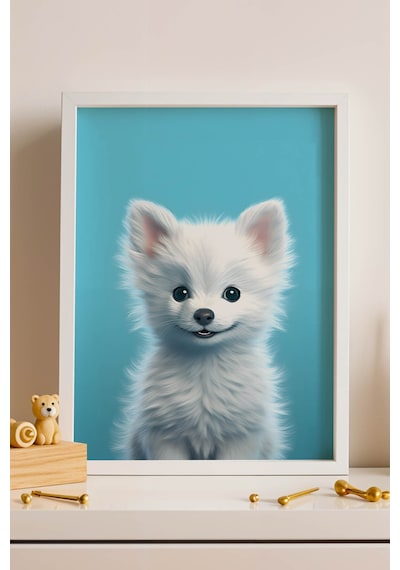 Sevimli Beyaz Yavru Köpek Çerçeveli Tablo - Çocuk Ve Bebek Odası Modern Hayvan Duvar Dekoru Beyaz
