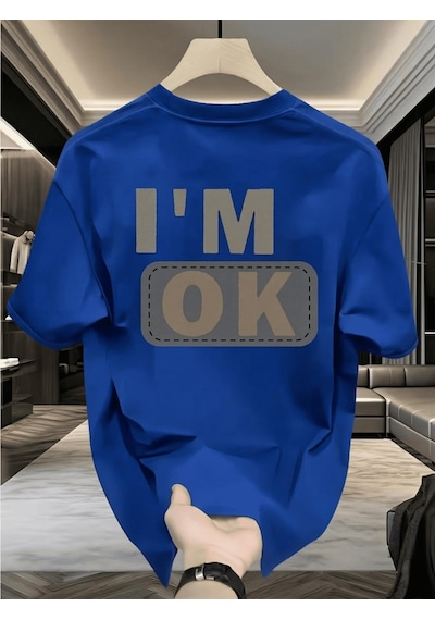Unisex "ı'm Ok" Baskılı Oversize Pamuklu Tişört - Özel Tasarım Patch Detaylı Sax Mavısı