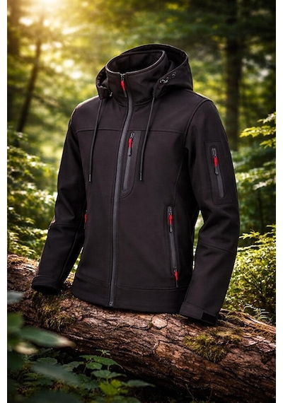 Vatan Tekstil Erkek Slim Fit Softshell Kapüşonlu Erkek Mont Su İtici Rüzgar Geçirmez Siyah