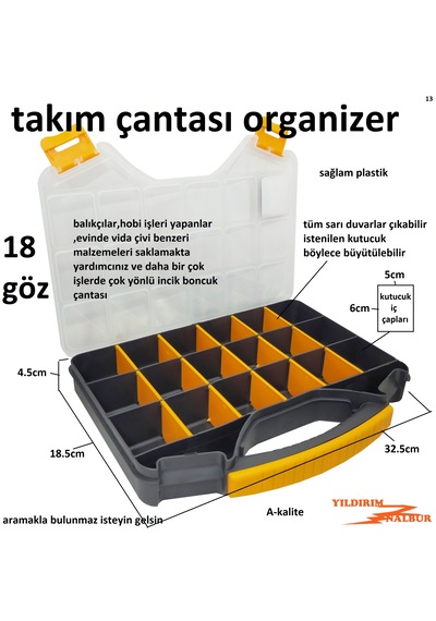 Takım Çantası Organizer 18 Göz Orta Boy Vida Kutusu Balıkçı Çanta