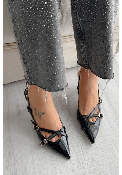 Duxal Shoes İki Bantlı Bordo Rugan Kadın Topuklu Siyah
