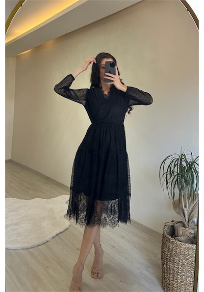 Neşeli Butik Kadın Kruvaze Yaka Dantelli Tül Elbise Nm010 Siyah
