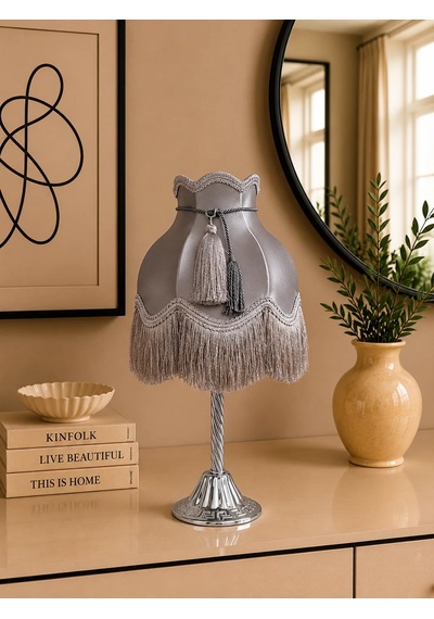 Gri Kadife Kaplı Kordon Süsleme Metal Ayak Vintage Klasik Abajur 50x30cm