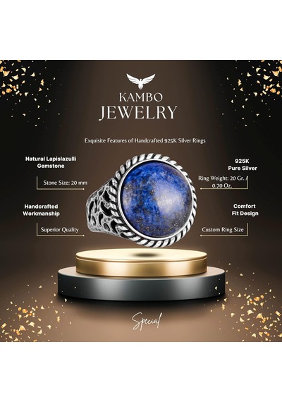 Gerçek Doğal Taş Yüzük - 925 Ayar Katı Gümüş Erkek Yüzüğü Lapis Lazuli İle Gümüş