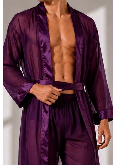 Qmen Style Erkek Şifon Kimono- Pijama - Şort Seti Mor