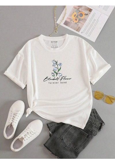 Unisex Beyaz Oversize Forever Flower Baskılı Örme T-shirt Beyaz