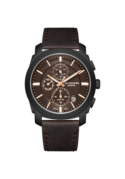 Lee Cooper Kahverengi Deri Kayış Kahverengi Kadran 42 Mm Yuvarlak Erkek Kol Saati, Bileklik Hediyeli Siyah
