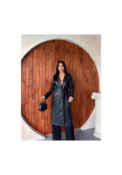 Moda Banuş Siyah Deri Kuşaklı Uzun Trençkot Siyah Siyah