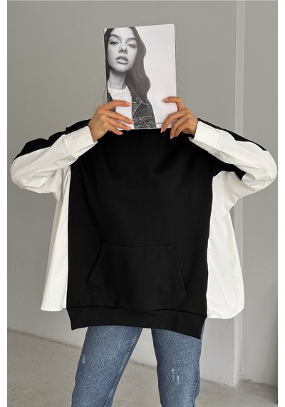 Femelle Kadın Siyah Standart Beden Oversize Kalıp Cepli Tasarım Sweatshirt